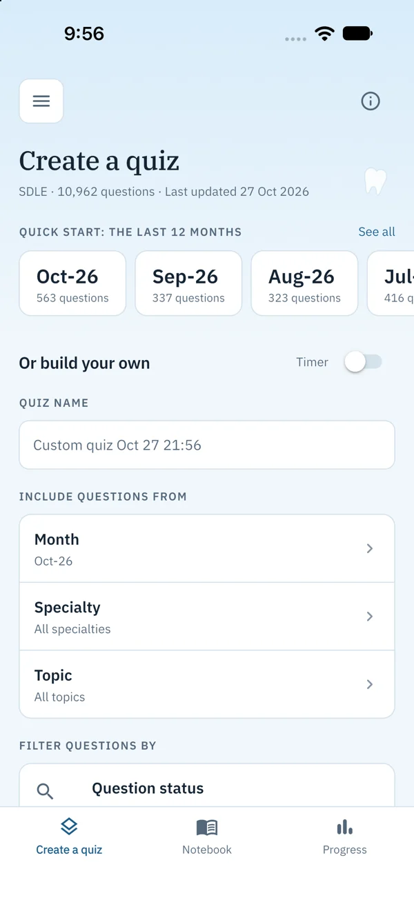 Creating a quiz on iPhone, with quick-start months and month, specialty and topic choices