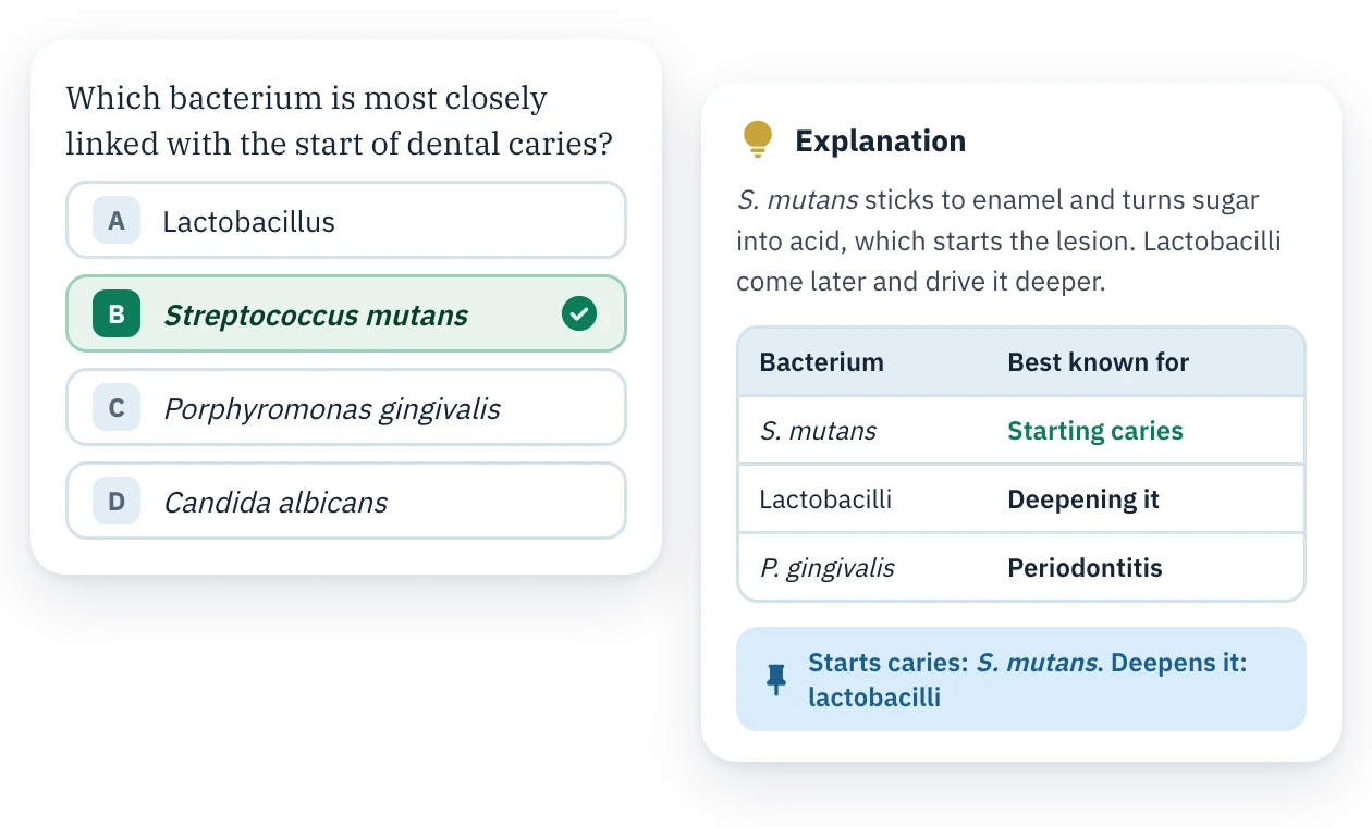 A dental caries question answered correctly, beside its explanation and a table