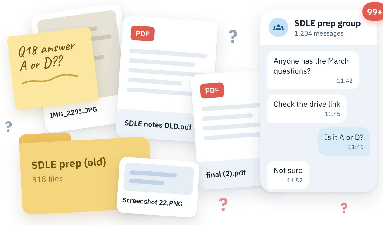 A pile of PDFs, screenshots, an old SDLE prep folder and a busy group chat